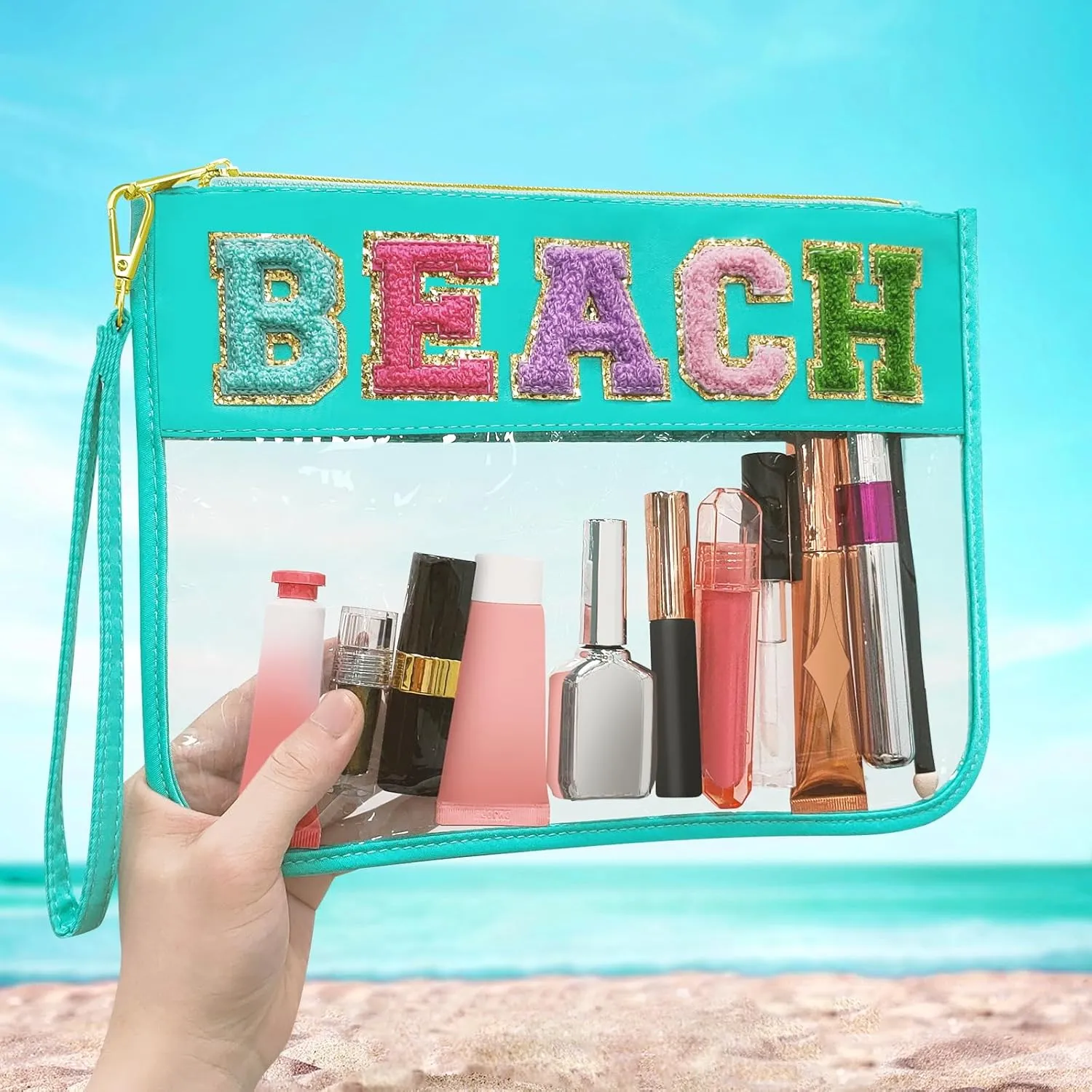 Chenille Letter Clear Travel Zipper Pouch Nylon Makeup Bag, Preppy Makeup Bag Clear Cosmetic Toiletry Bag, Water-proof Makeup Travel Pouch Snack Bags for Women (Mint Green-Beach)