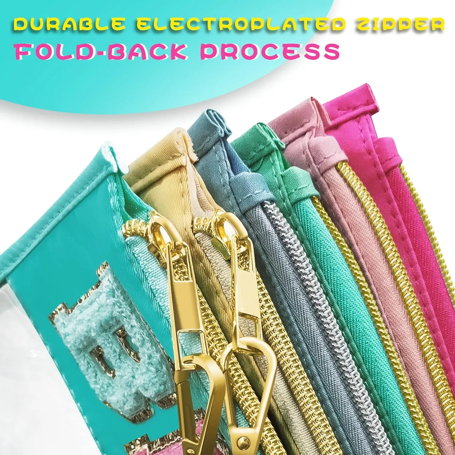 Chenille Letter Clear Travel Zipper Pouch Nylon Makeup Bag, Preppy Makeup Bag Clear Cosmetic Toiletry Bag, Water-proof Makeup Travel Pouch Snack Bags for Women (Mint Green-Beach)