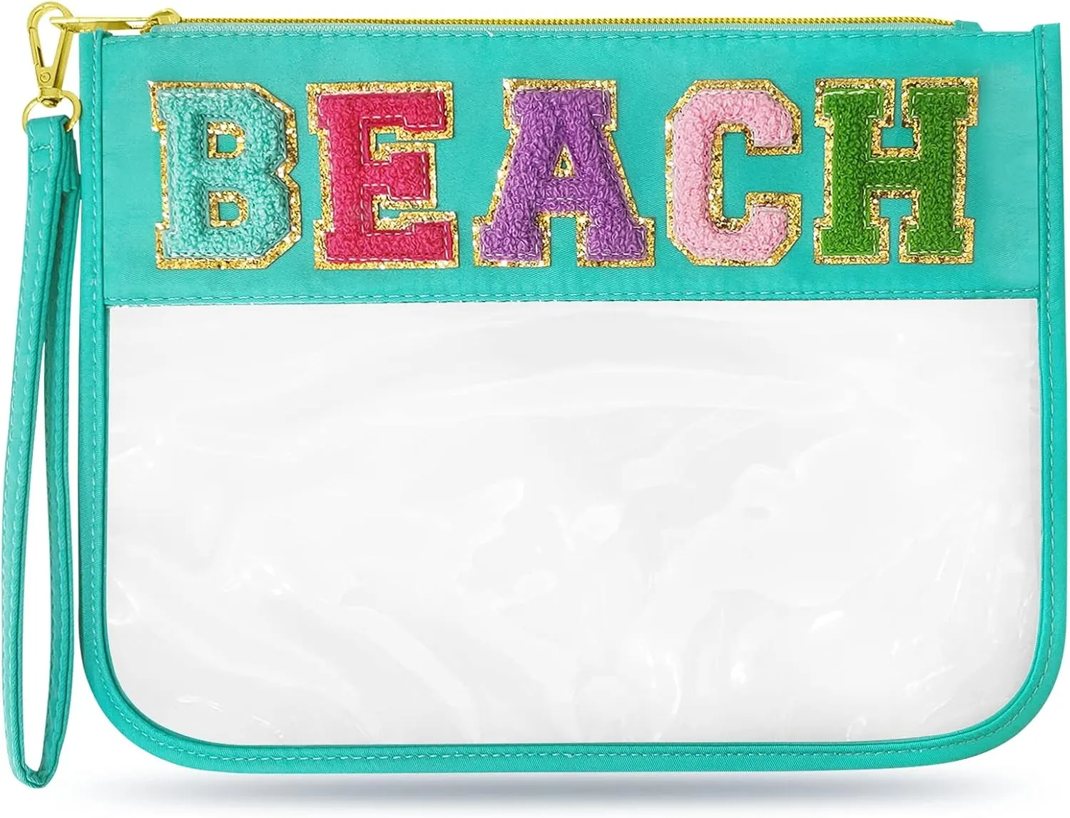 Chenille Letter Clear Travel Zipper Pouch Nylon Makeup Bag, Preppy Makeup Bag Clear Cosmetic Toiletry Bag, Water-proof Makeup Travel Pouch Snack Bags for Women (Mint Green-Beach)