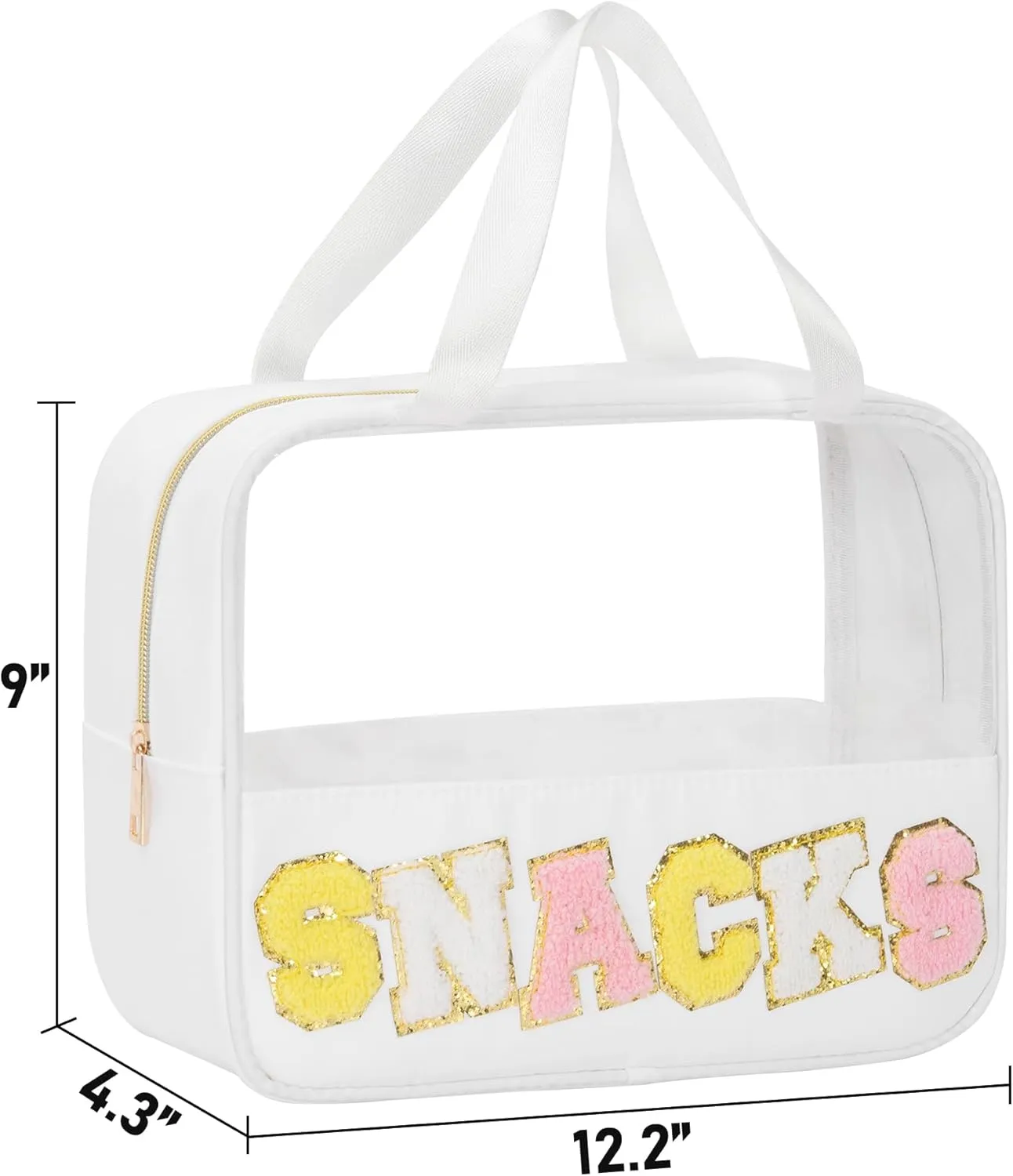 Chenille Letter Snacks Bag Zipper Pouch TPU&Nylon Clear Cosmetic Bag with Handle Toiletry Bags Travel Makeup Bag Multi-purpose Clear Pouches For Women (SNACKS, White)
