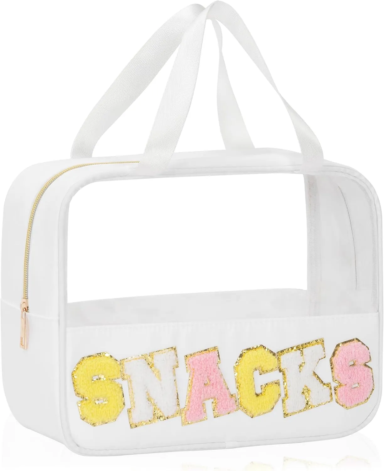 Chenille Letter Snacks Bag Zipper Pouch TPU&Nylon Clear Cosmetic Bag with Handle Toiletry Bags Travel Makeup Bag Multi-purpose Clear Pouches For Women (SNACKS, White)