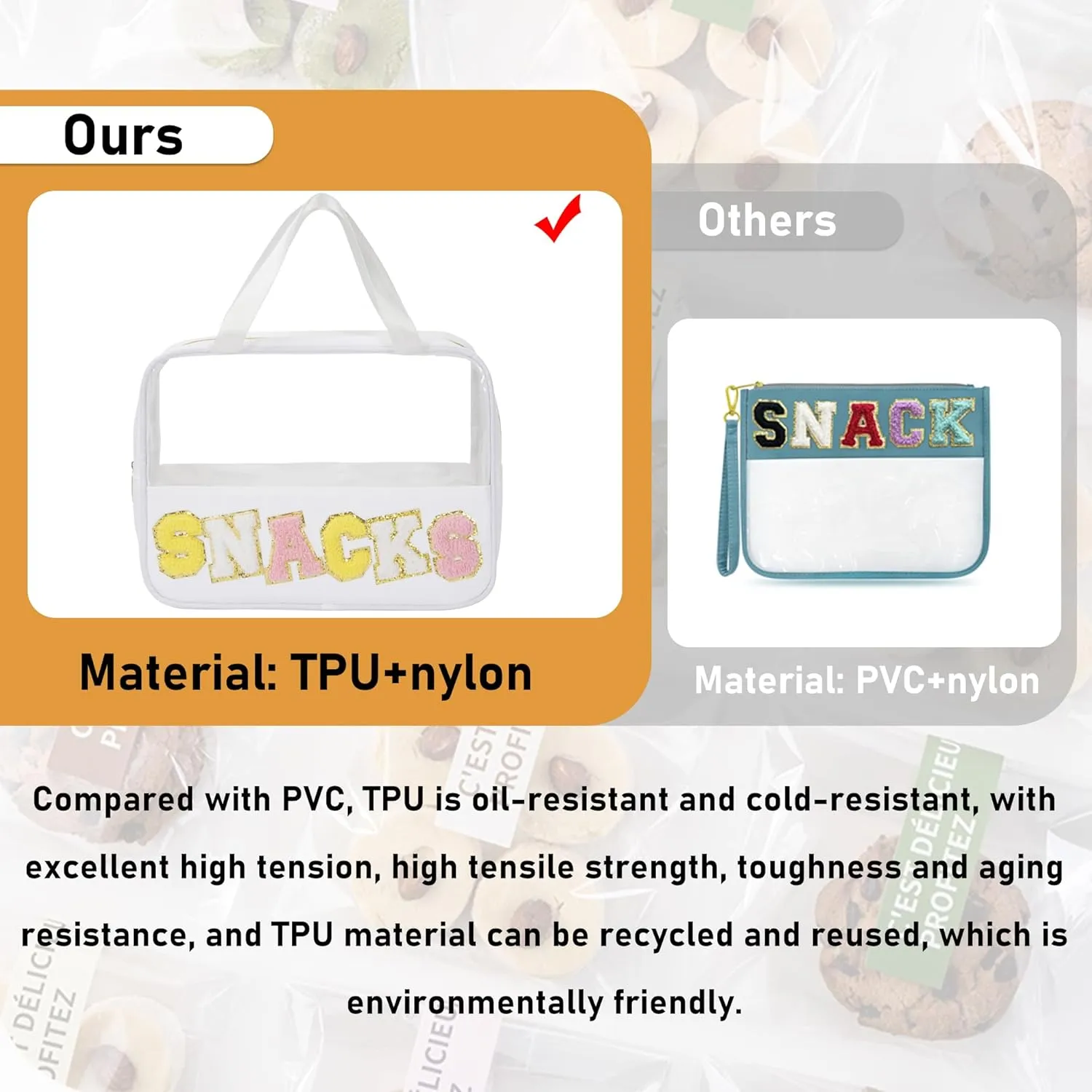 Chenille Letter Snacks Bag Zipper Pouch TPU&Nylon Clear Cosmetic Bag with Handle Toiletry Bags Travel Makeup Bag Multi-purpose Clear Pouches For Women (SNACKS, White)