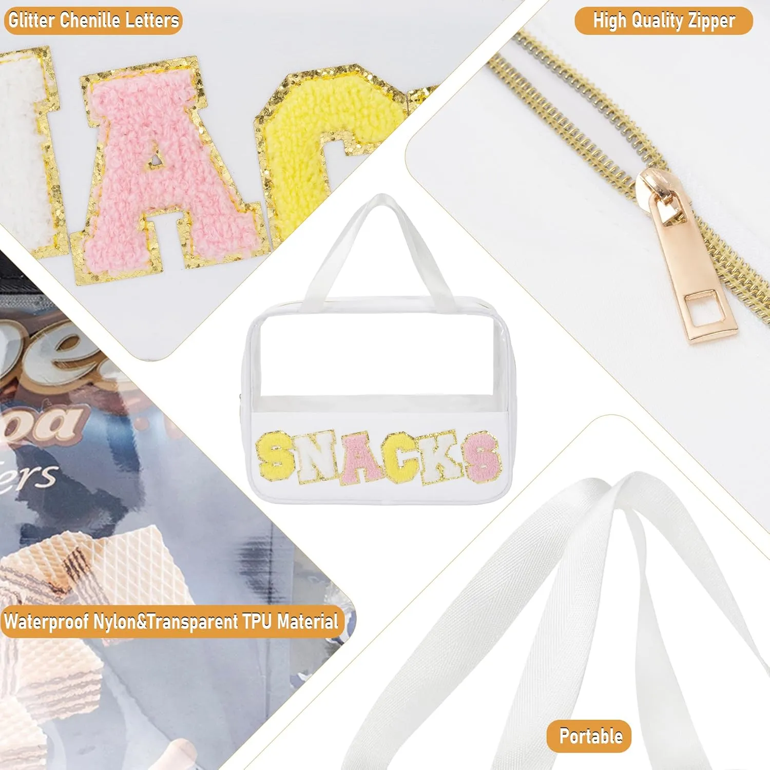 Chenille Letter Snacks Bag Zipper Pouch TPU&Nylon Clear Cosmetic Bag with Handle Toiletry Bags Travel Makeup Bag Multi-purpose Clear Pouches For Women (SNACKS, White)