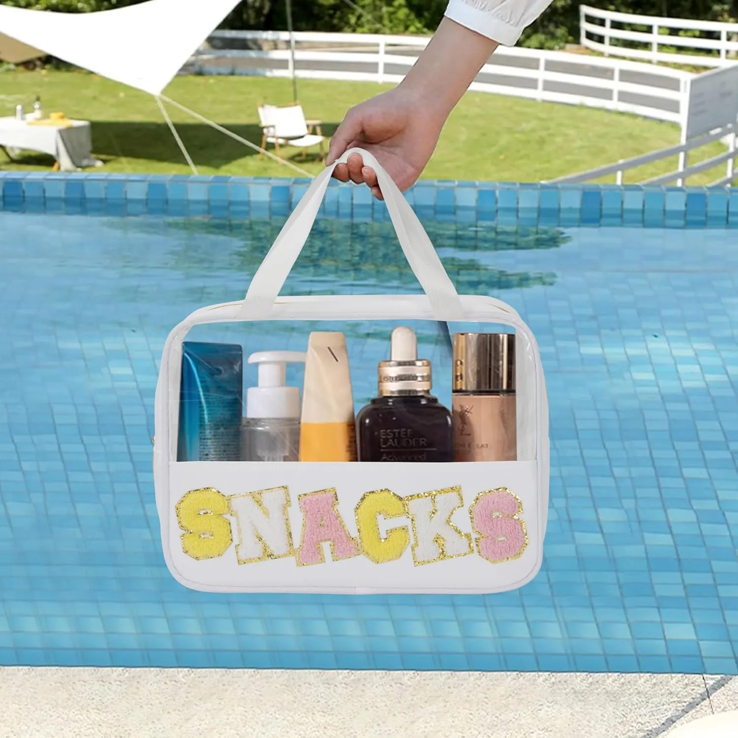 Chenille Letter Snacks Bag Zipper Pouch TPU&Nylon Clear Cosmetic Bag with Handle Toiletry Bags Travel Makeup Bag Multi-purpose Clear Pouches For Women (SNACKS, White)