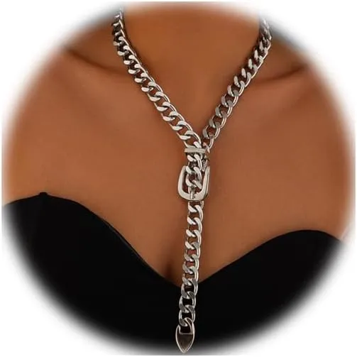 Chunky Choker Necklaces Punk Belt Buckle Choker Necklace Gold Cuban Link Chain Necklace Vintage Heavy Metal Thick Chain Necklace for Women Prom Party Festival Jewelry