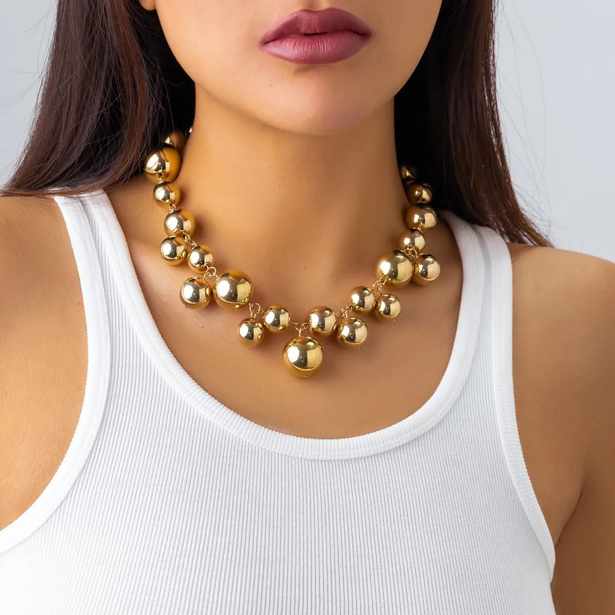Chunky Gold Bead Necklaces for Women Thick Bold Necklace Gold/Silver/Pearl Statement Choker Necklaces Punk Big Ball Necklace Jewelry