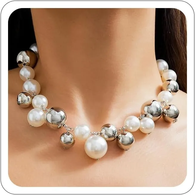 Chunky Gold Bead Necklaces for Women Thick Bold Necklace Gold/Silver/Pearl Statement Choker Necklaces Punk Big Ball Necklace Jewelry