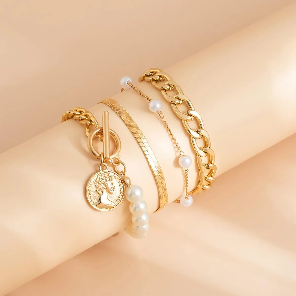 Chunky Gold Bracelets for Women Trendy Gold Chunky Stacked Pearl Bracelets Golden Pearl OT Clasp Bracelet Chain Portrait Pendant Bracelet Golden Jewelry Set Gift