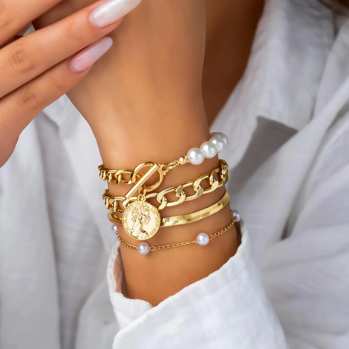 Chunky Gold Bracelets for Women Trendy Gold Chunky Stacked Pearl Bracelets Golden Pearl OT Clasp Bracelet Chain Portrait Pendant Bracelet Golden Jewelry Set Gift