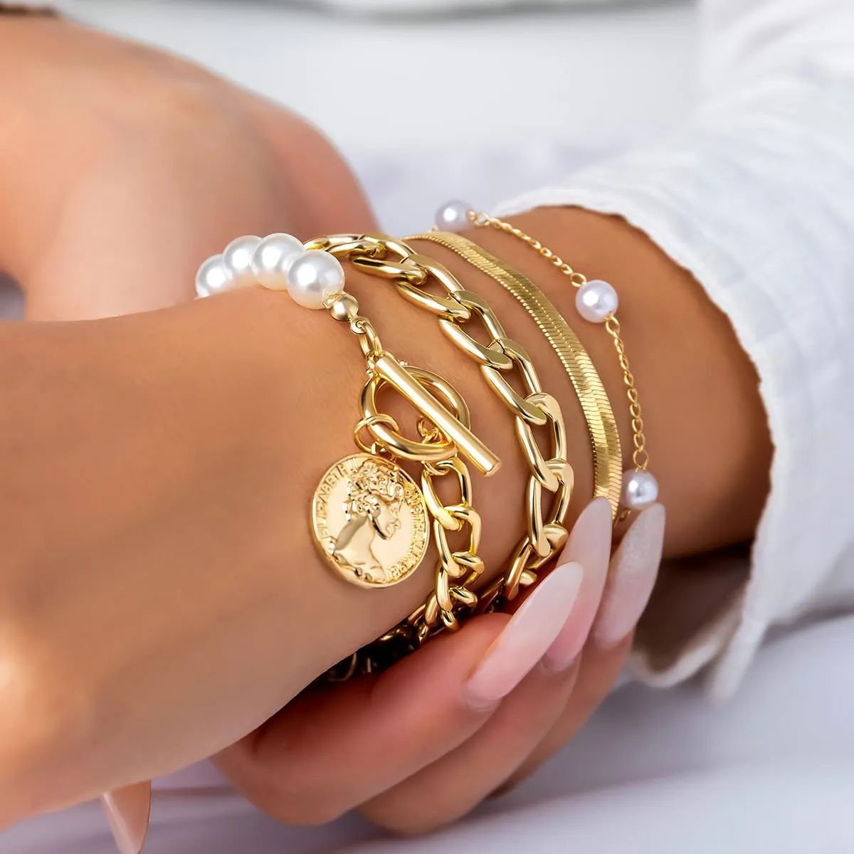 Chunky Gold Bracelets for Women Trendy Gold Chunky Stacked Pearl Bracelets Golden Pearl OT Clasp Bracelet Chain Portrait Pendant Bracelet Golden Jewelry Set Gift