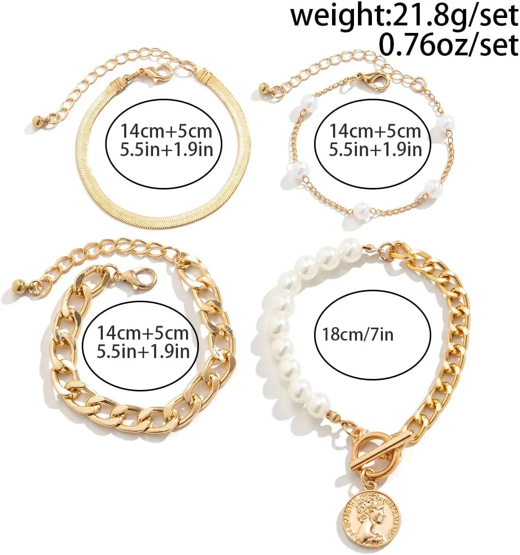 Chunky Gold Bracelets for Women Trendy Gold Chunky Stacked Pearl Bracelets Golden Pearl OT Clasp Bracelet Chain Portrait Pendant Bracelet Golden Jewelry Set Gift