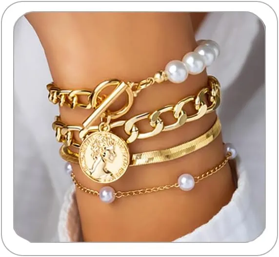 Chunky Gold Bracelets for Women Trendy Gold Chunky Stacked Pearl Bracelets Golden Pearl OT Clasp Bracelet Chain Portrait Pendant Bracelet Golden Jewelry Set Gift
