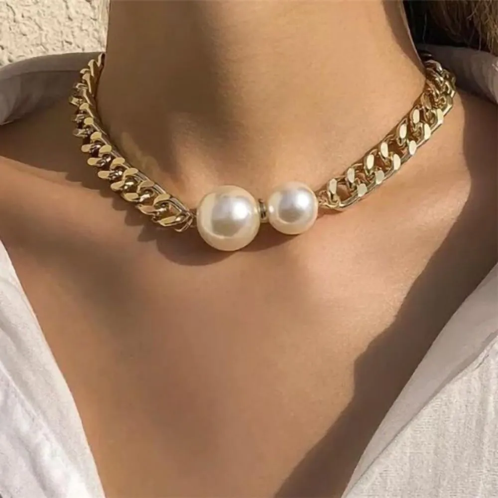 Chunky Gold Cuban Chain Pearl Choker Necklaces, Thick Statement Double Beads Exaggerated Metal Necklaces, Punk Jewelry Gifts for Women