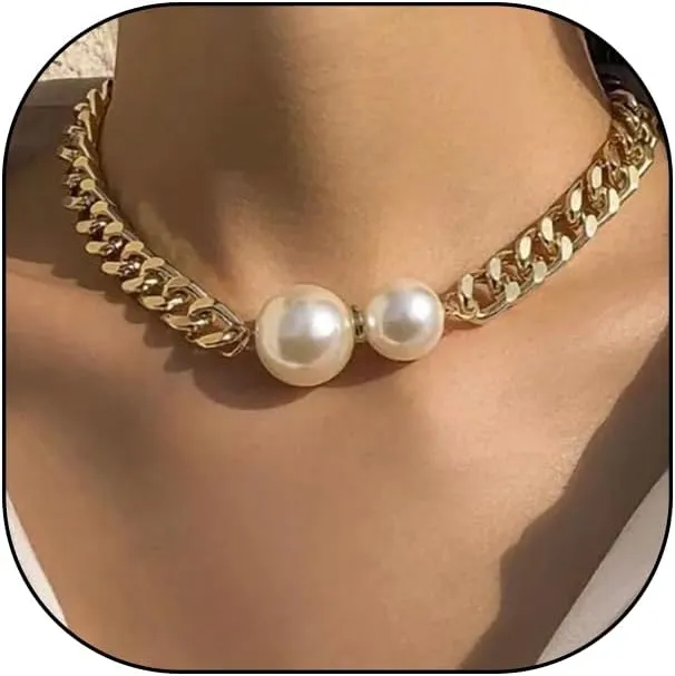Chunky Gold Cuban Chain Pearl Choker Necklaces, Thick Statement Double Beads Exaggerated Metal Necklaces, Punk Jewelry Gifts for Women