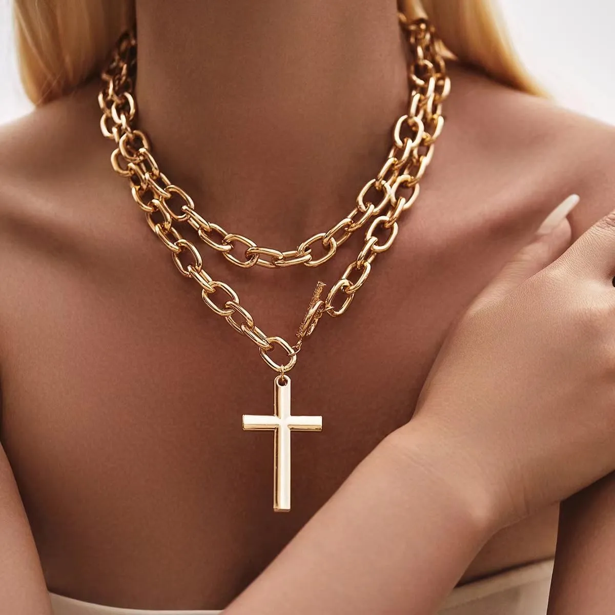 Chunky Gold Necklace for Women Cross Statement Necklaces Chunky Gold Heart Necklace Thick Chain gold Jewelry for Women