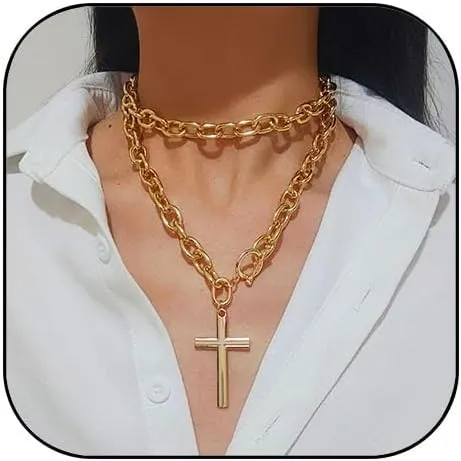Chunky Gold Necklace for Women Cross Statement Necklaces Chunky Gold Heart Necklace Thick Chain gold Jewelry for Women