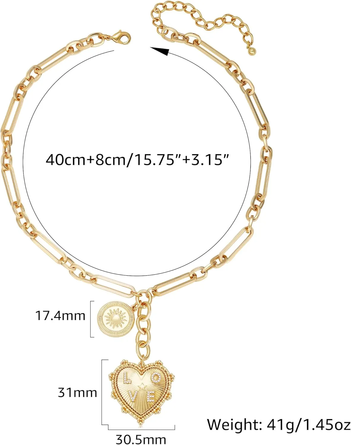 Chunky Gold Sun Heart Pendant Charm Necklace for Women 18K Gold Plated Thick Paperclip Chain Choker Necklaces Hip Hop Valentines Day Gift Jewelry