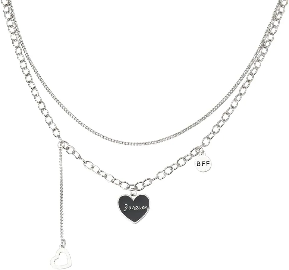 Chunky Heart Double Layered Chain Necklaces Silver Heart Statement Necklace for Women Hollow Heart Drop Pendant Necklace Good Luck Gifts Necklace for Woman Punk Stacked Necklace Hip Hop Accessories