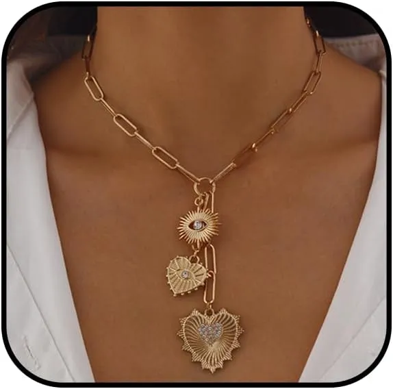 Chunky Heart Necklaces for Women Gold/Silver Heart Pedant Necklace Statement Necklace Zircon Sun Charm Necklace Evil Eye Necklace Paper Clip Necklaces Jewelry