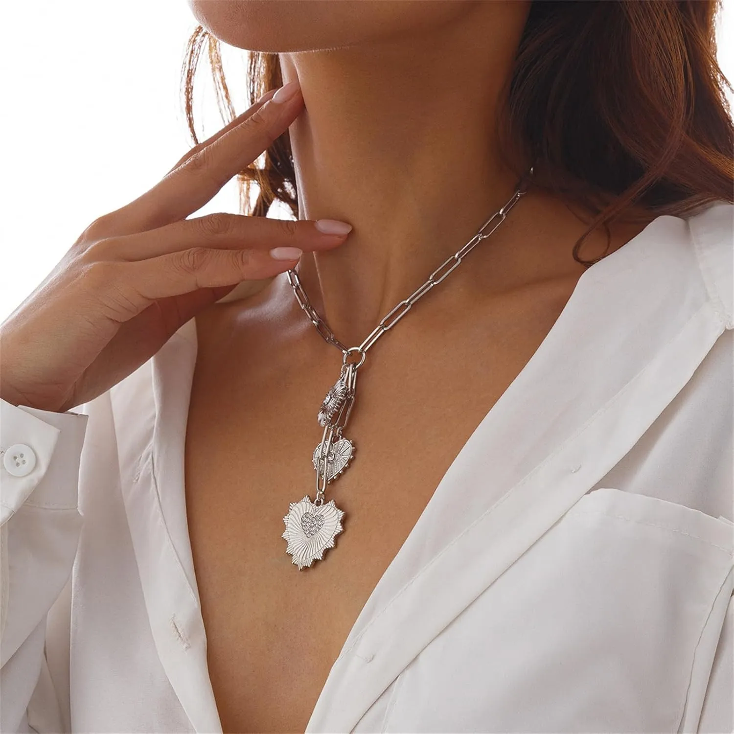 Chunky Heart Necklaces for Women Gold/Silver Heart Pedant Necklace Statement Necklace Zircon Sun Charm Necklace Evil Eye Necklace Paper Clip Necklaces Jewelry