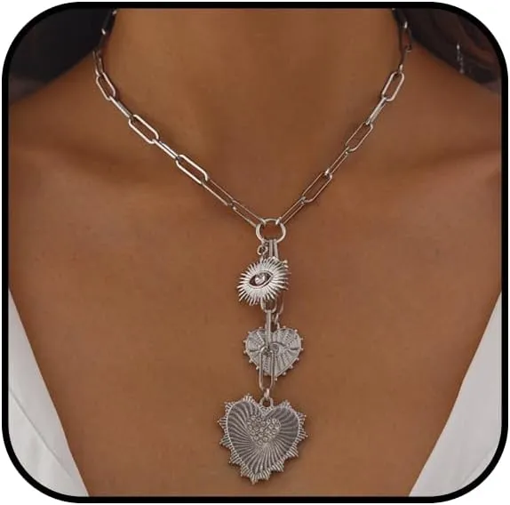 Chunky Heart Necklaces for Women Gold/Silver Heart Pedant Necklace Statement Necklace Zircon Sun Charm Necklace Evil Eye Necklace Paper Clip Necklaces Jewelry
