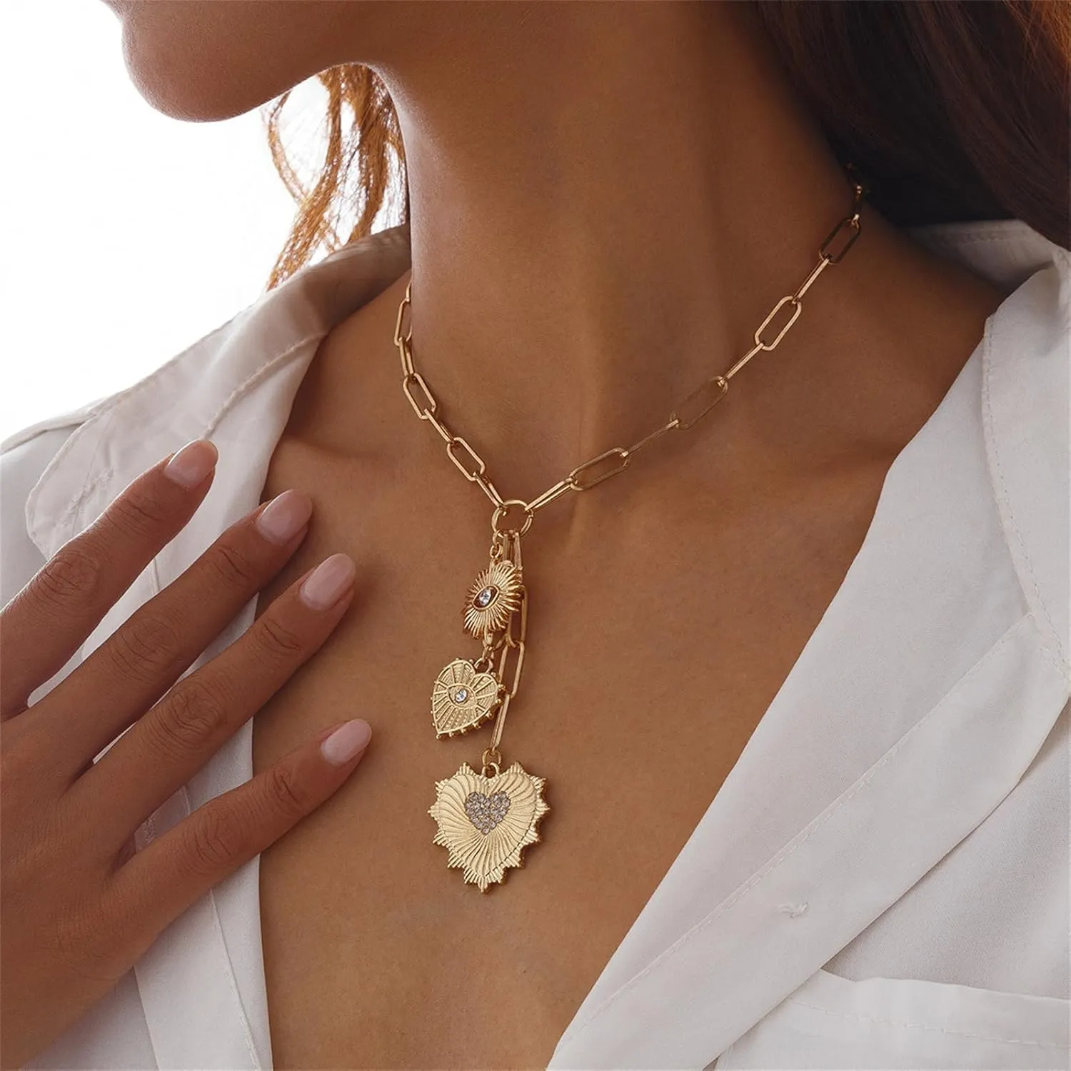 Chunky Heart Necklaces for Women Gold/Silver Heart Pedant Necklace Statement Necklace Zircon Sun Charm Necklace Evil Eye Necklace Paper Clip Necklaces Jewelry