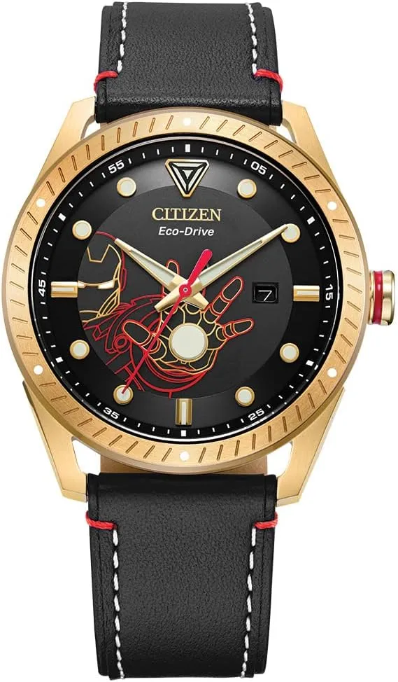 Citizen Eco-Drive Men's Marvel Tony Stark Gold Tone Stainless Steel Watch with Black Leather Strap, Arc Reactor, Luminous, 43mm (Model: BM6992-09W)