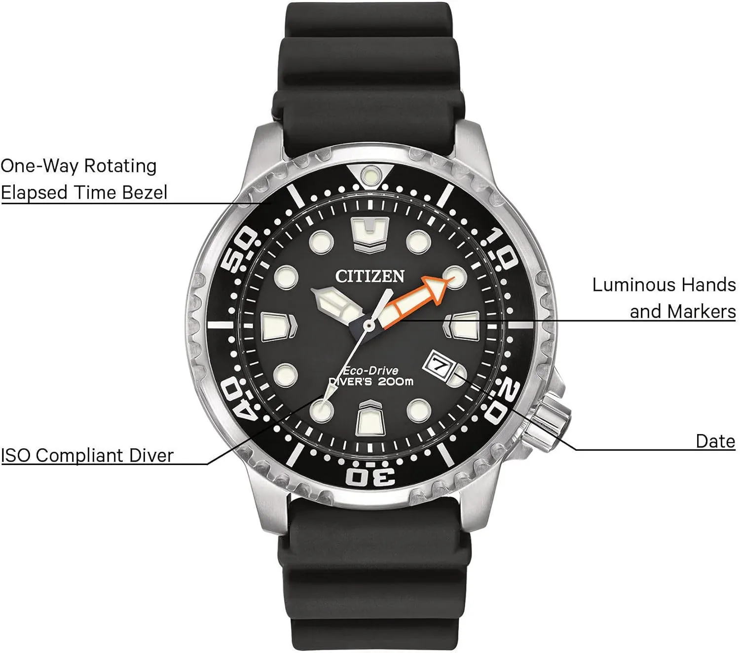 Citizen Promaster Dive Eco-Drive Watch, 3-Hand Date, ISO Certified, Luminous Hands and Markers, Rotating Bezel
