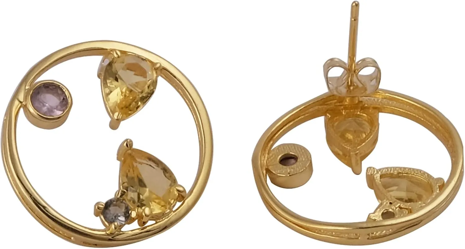 Citrine & Amethyst & Crystal Quartz Gemstone Stud Earring | Handmade Pear & Round Shape Prong Set Stud Earring | Gold Plated Push Back Stud Earring | Gift For Her Jewelry| 1979)7