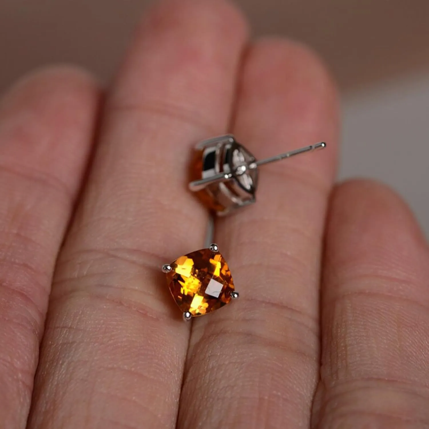Citrine Cushion Stud Earrings 925 Silver, November Birthstone Jewelry, Yellow Gemstone Studs, Art Deco Minimalist Stacking Earring Women Girl