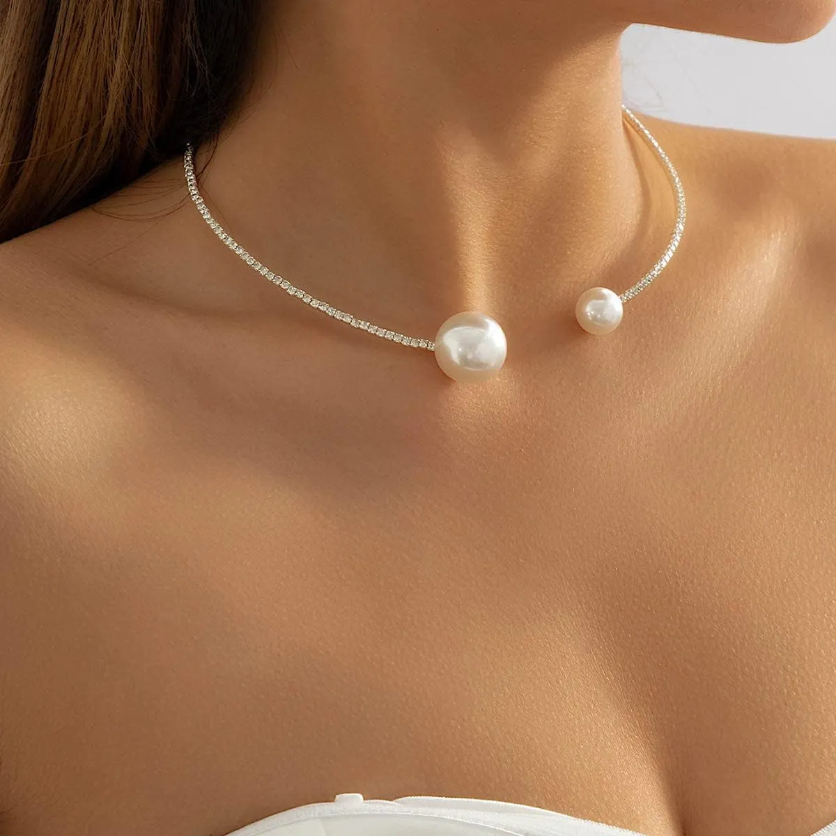 Clataly Imitation Pearl Open Necklace Simple Single Layer Bracelets Silver Crystal Delicate Open Choker Necklace Jewelry for Women
