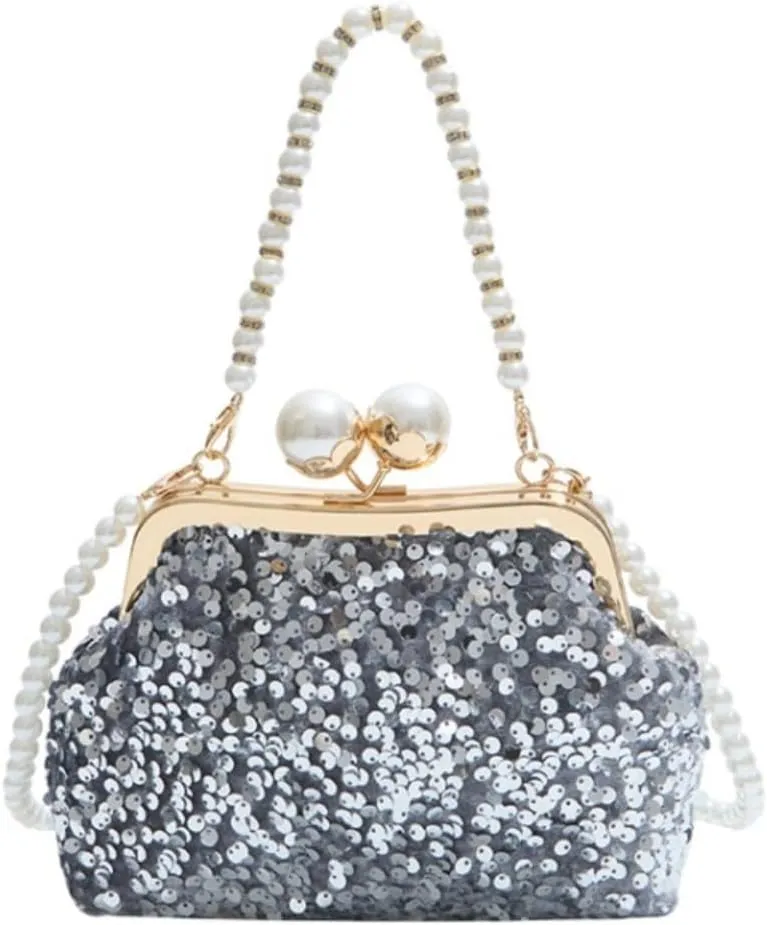 Clutch Bag for Women Sequin Purse with Pearl Handle Crossbody Strap Button Closure Evening Handbag for Party Wedding