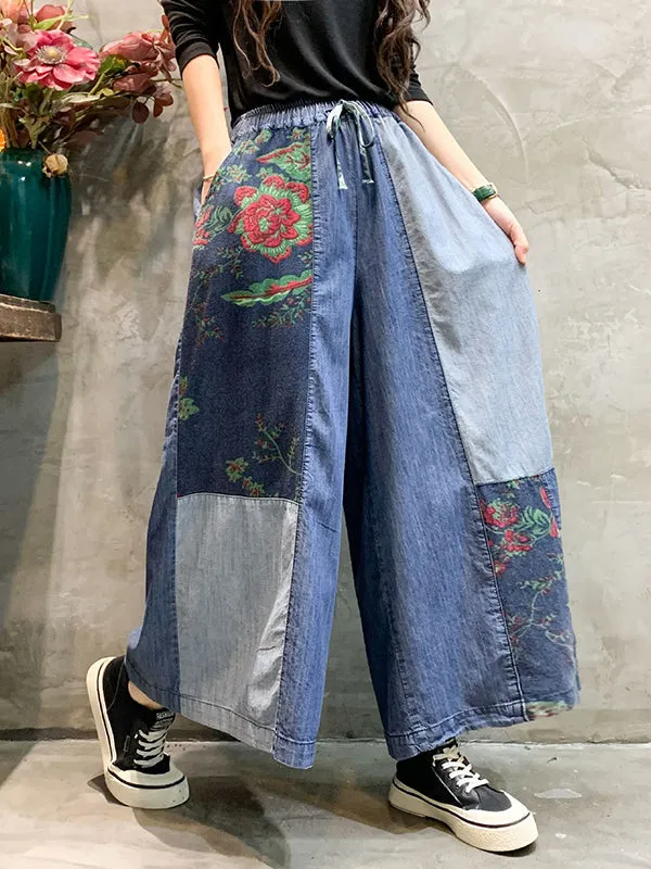 Color-Block Bandage Embroidered Wide Leg Denim Pants LY3924
