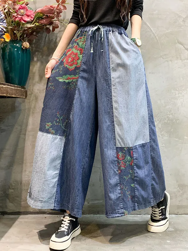 Color-Block Bandage Embroidered Wide Leg Denim Pants LY3924
