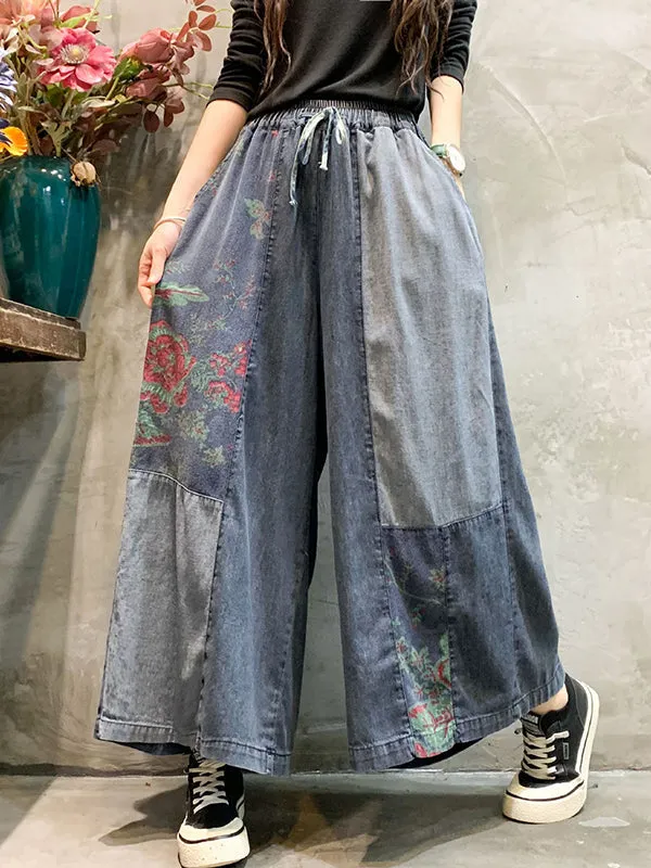 Color-Block Bandage Embroidered Wide Leg Denim Pants LY3924
