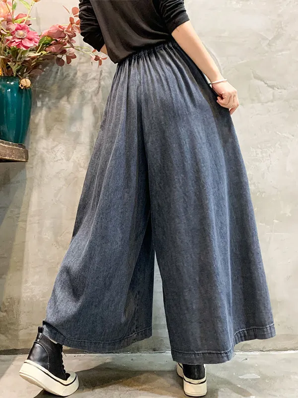 Color-Block Bandage Embroidered Wide Leg Denim Pants LY3924