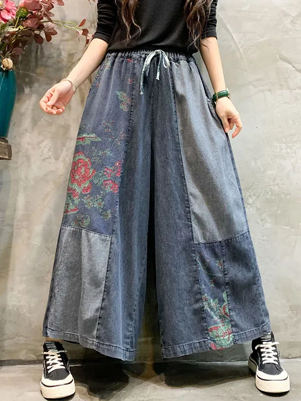Color-Block Bandage Embroidered Wide Leg Denim Pants LY3924