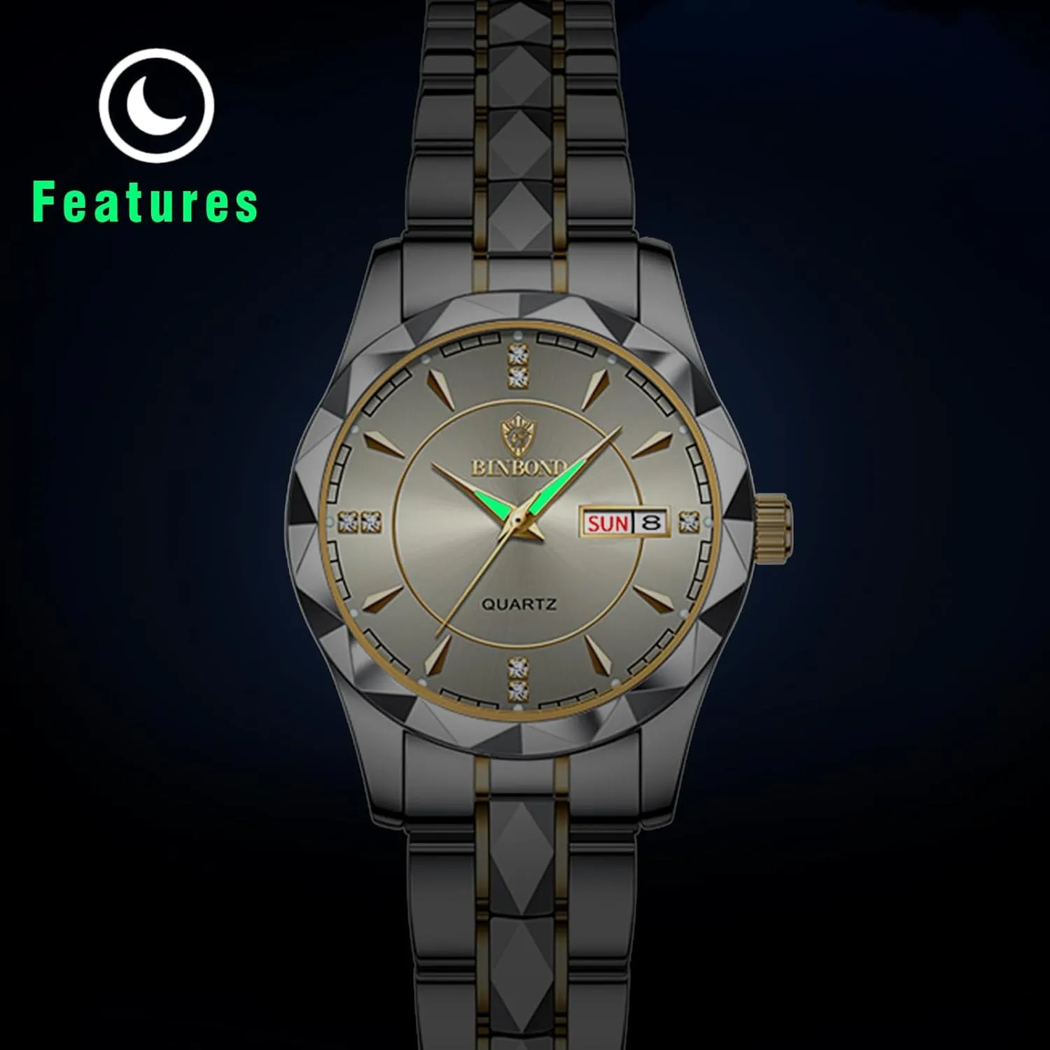 Couple Watches Gift Set: His and Her Rhombus Quartz Analog Stainless Steel Luminous Hands Date 3 ATM Waterproof Business Casual Men Women Watch Sets