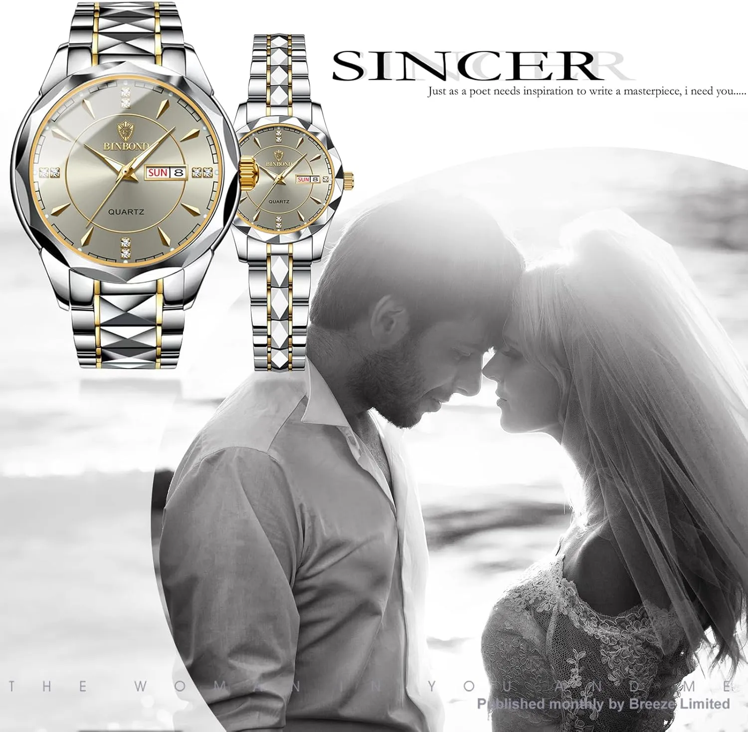 Couple Watches Gift Set: His and Her Rhombus Quartz Analog Stainless Steel Luminous Hands Date 3 ATM Waterproof Business Casual Men Women Watch Sets