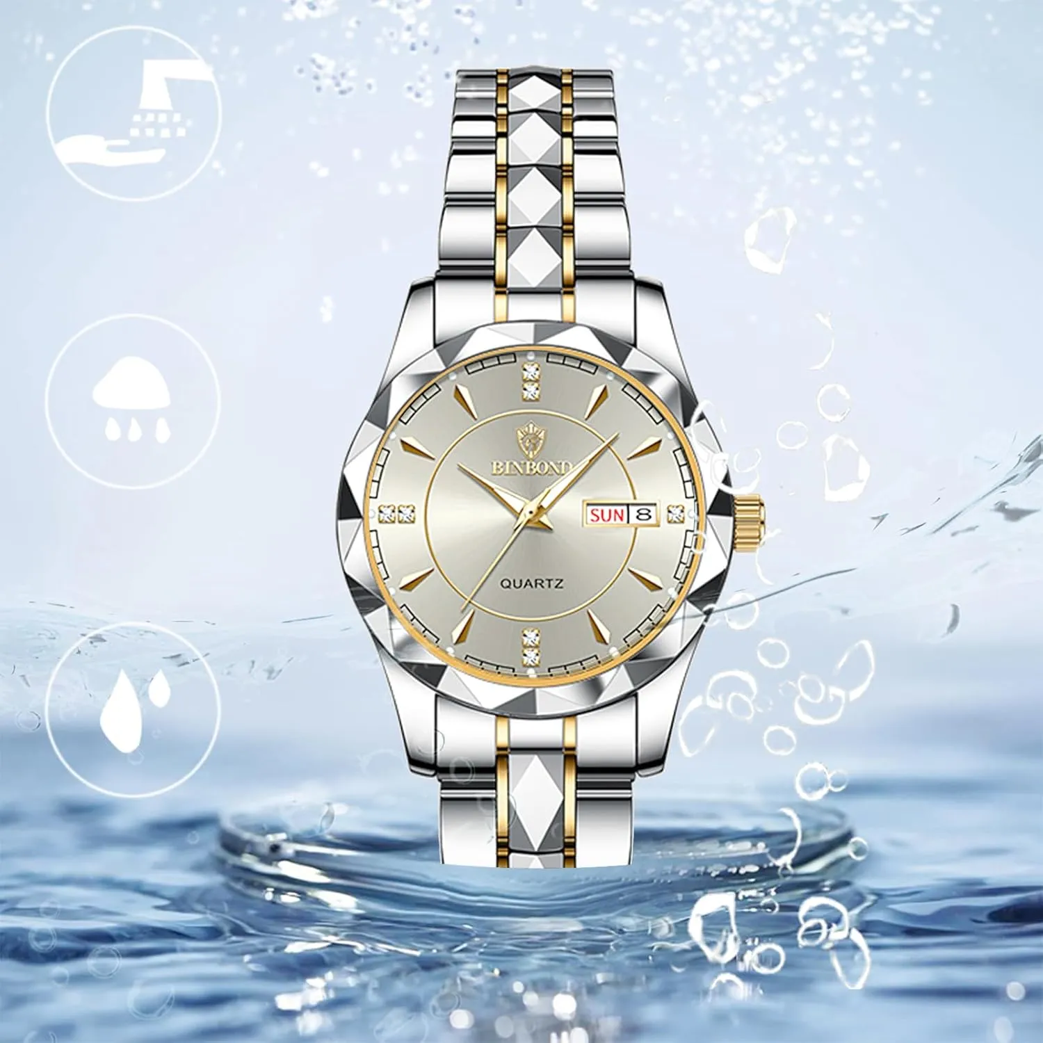 Couple Watches Gift Set: His and Her Rhombus Quartz Analog Stainless Steel Luminous Hands Date 3 ATM Waterproof Business Casual Men Women Watch Sets