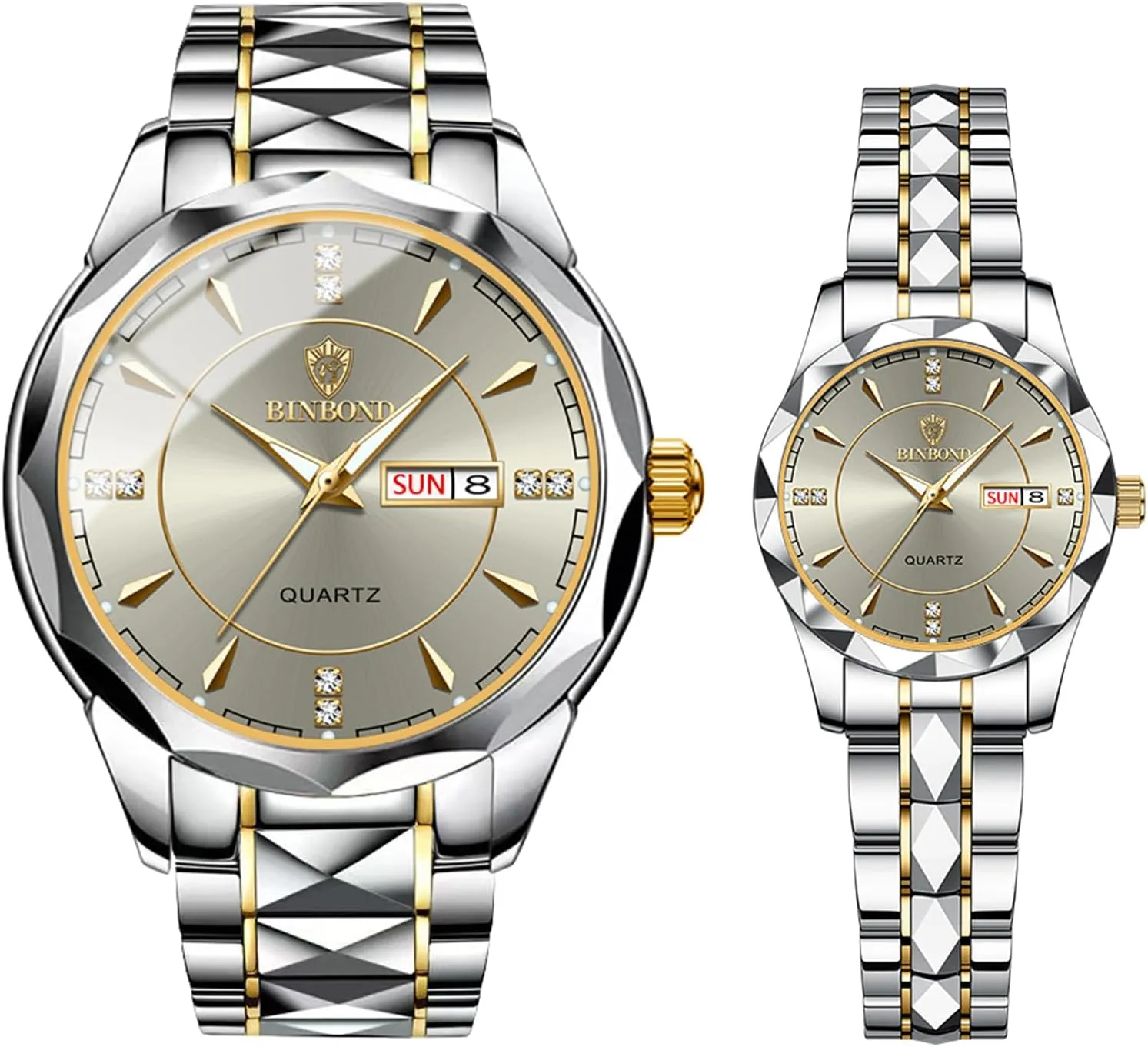 Couple Watches Gift Set: His and Her Rhombus Quartz Analog Stainless Steel Luminous Hands Date 3 ATM Waterproof Business Casual Men Women Watch Sets