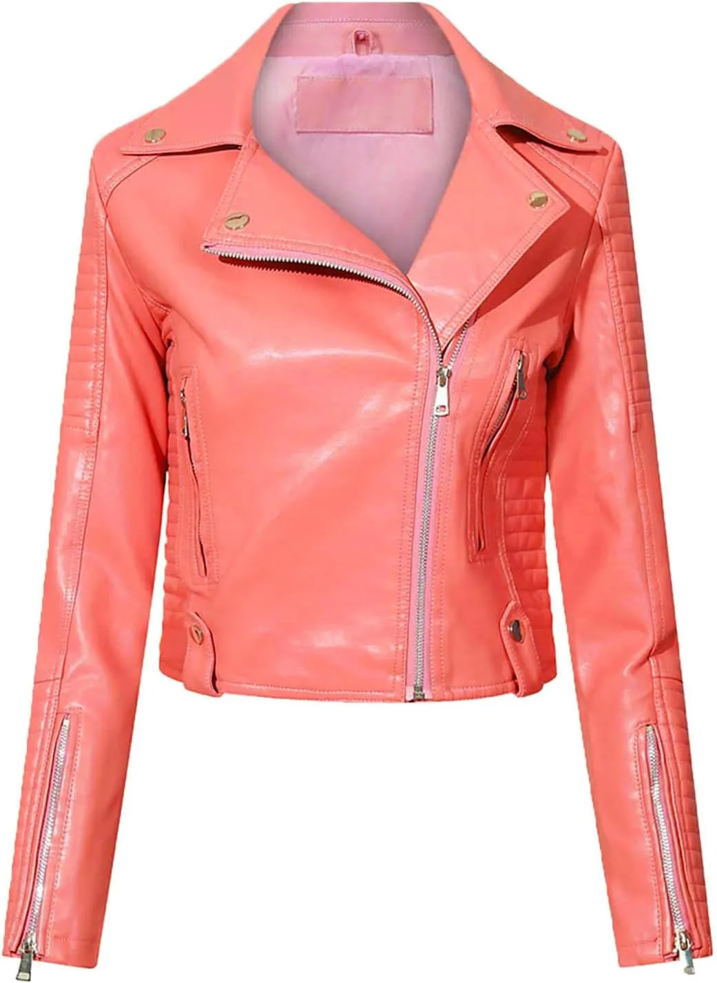 Cropped Faux Leather Jacket for Women Long Sleeve Notched Lapel Asymmetric Zip Up Moto Biker Short Coat with Pockets