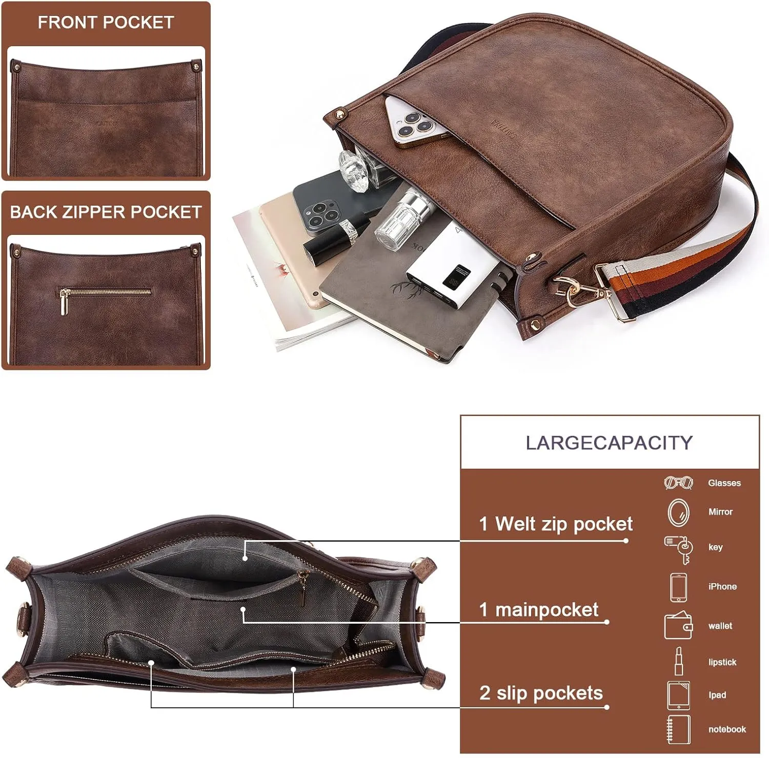 Crossbody Bag Women Vegan Leather Hobo Handbag Trendy Crossbody Shoulder Bag Purses For Women with 2 Adjustable Strap