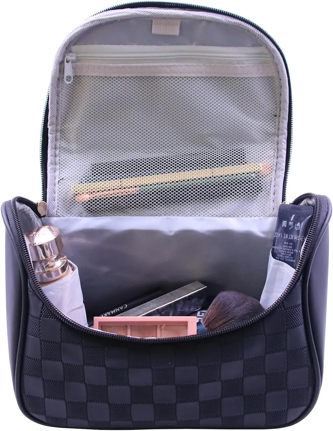 Cute Cosmetic Bag PU Leather Mesh Woven Design Travel Toiletry Bag with Handle, Portable Waterproof Makeup Bag Organizer for Women and Girls (Black)