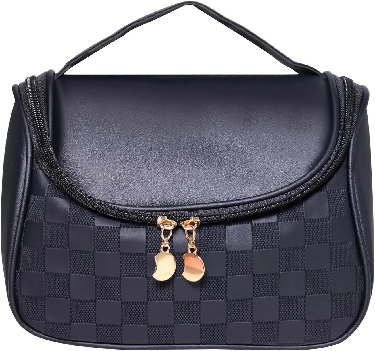 Cute Cosmetic Bag PU Leather Mesh Woven Design Travel Toiletry Bag with Handle, Portable Waterproof Makeup Bag Organizer for Women and Girls (Black)