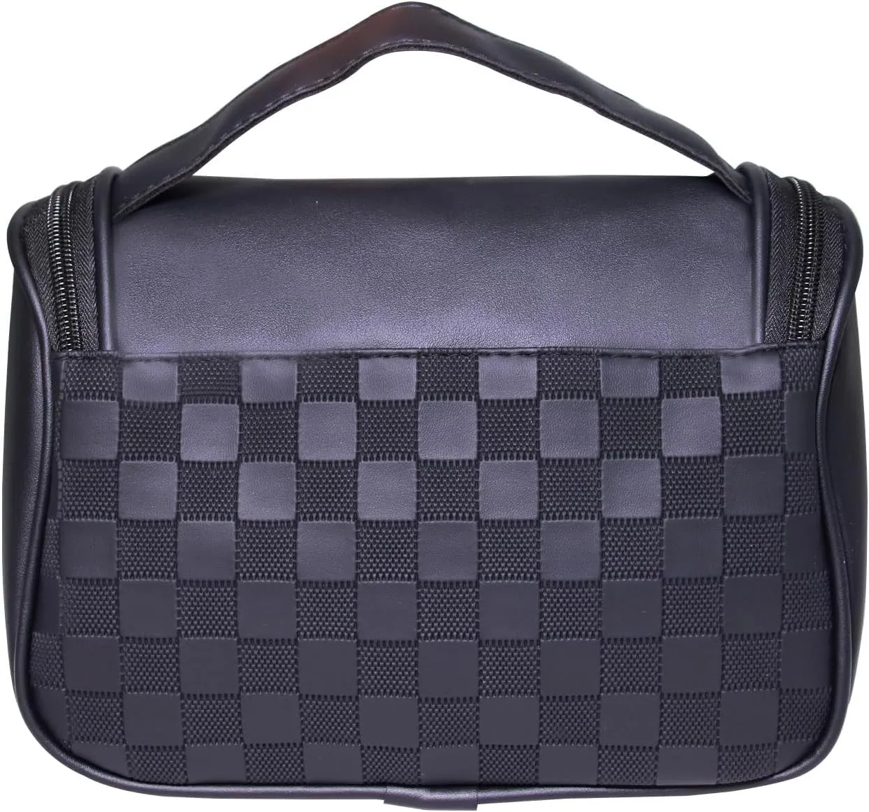 Cute Cosmetic Bag PU Leather Mesh Woven Design Travel Toiletry Bag with Handle, Portable Waterproof Makeup Bag Organizer for Women and Girls (Black)