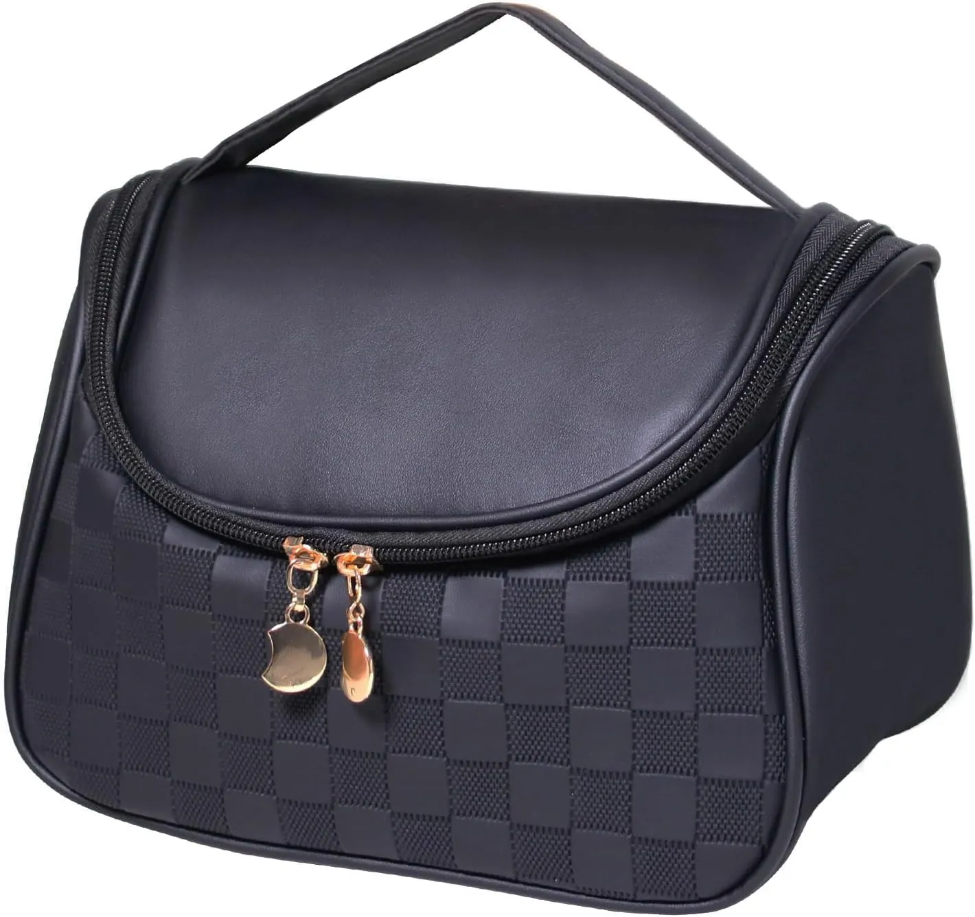 Cute Cosmetic Bag PU Leather Mesh Woven Design Travel Toiletry Bag with Handle, Portable Waterproof Makeup Bag Organizer for Women and Girls (Black)