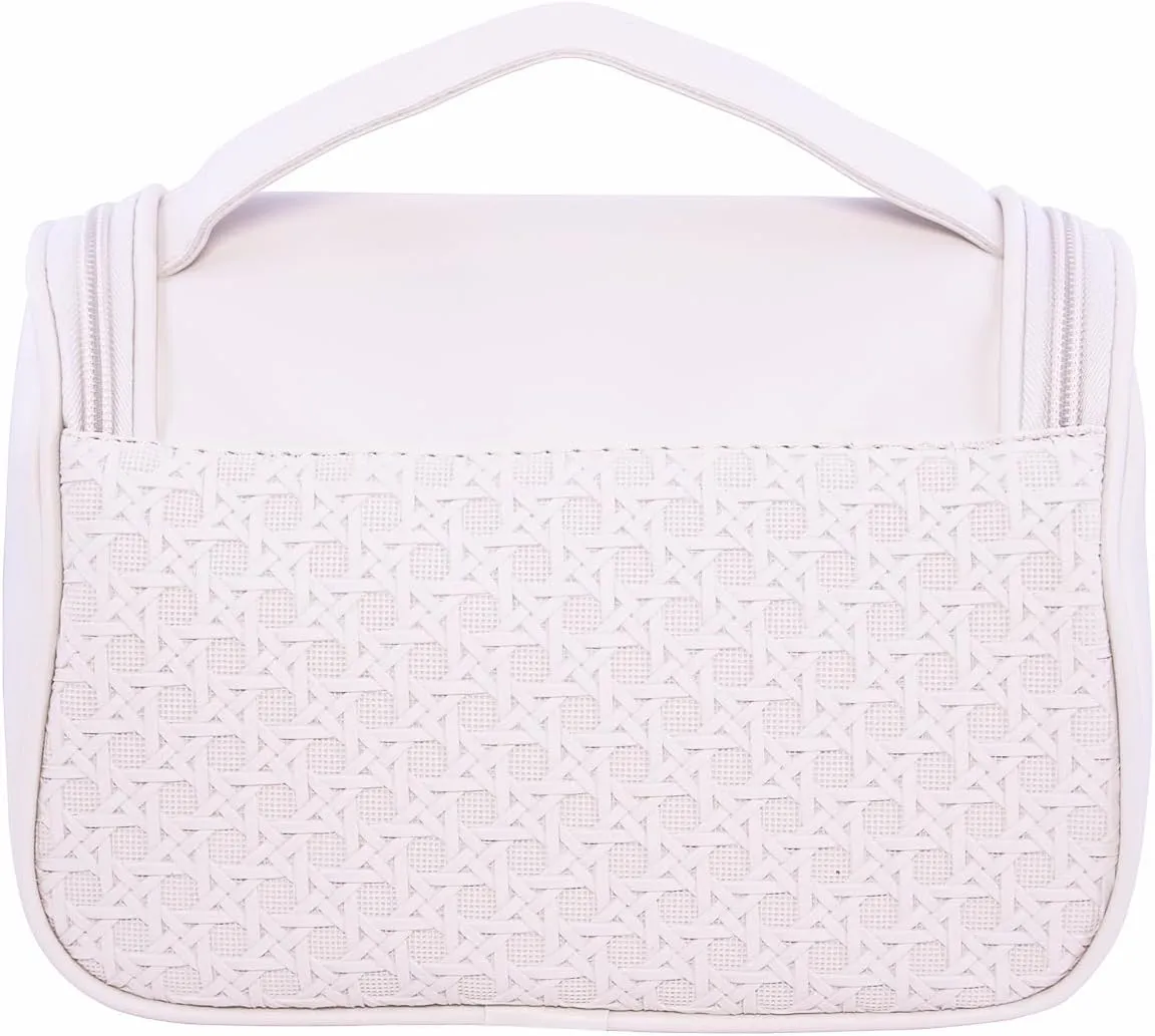Cute Cosmetic Bag PU Leather Mesh Woven Design Travel Toiletry Bag with Handle, Portable Waterproof Makeup Bag Organizer for Women and Girls (Creamy White)