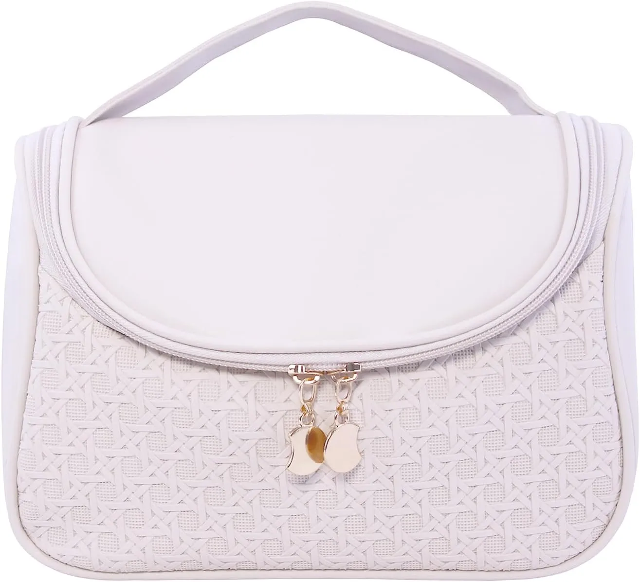 Cute Cosmetic Bag PU Leather Mesh Woven Design Travel Toiletry Bag with Handle, Portable Waterproof Makeup Bag Organizer for Women and Girls (Creamy White)