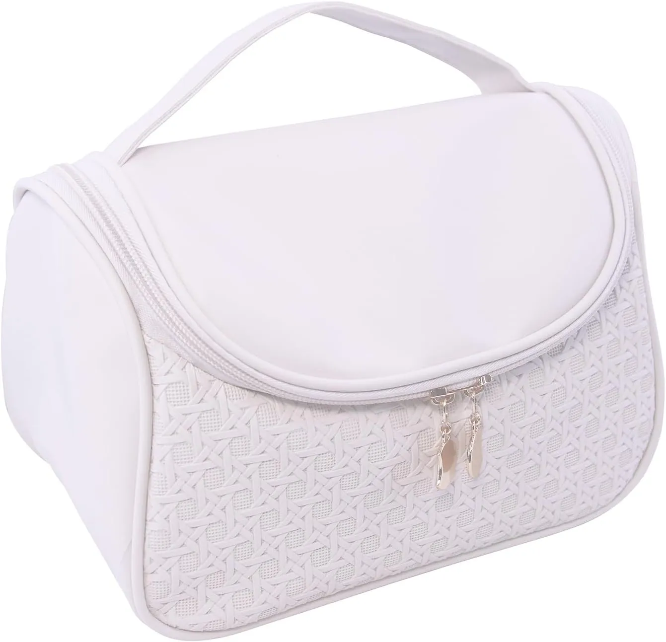 Cute Cosmetic Bag PU Leather Mesh Woven Design Travel Toiletry Bag with Handle, Portable Waterproof Makeup Bag Organizer for Women and Girls (Creamy White)